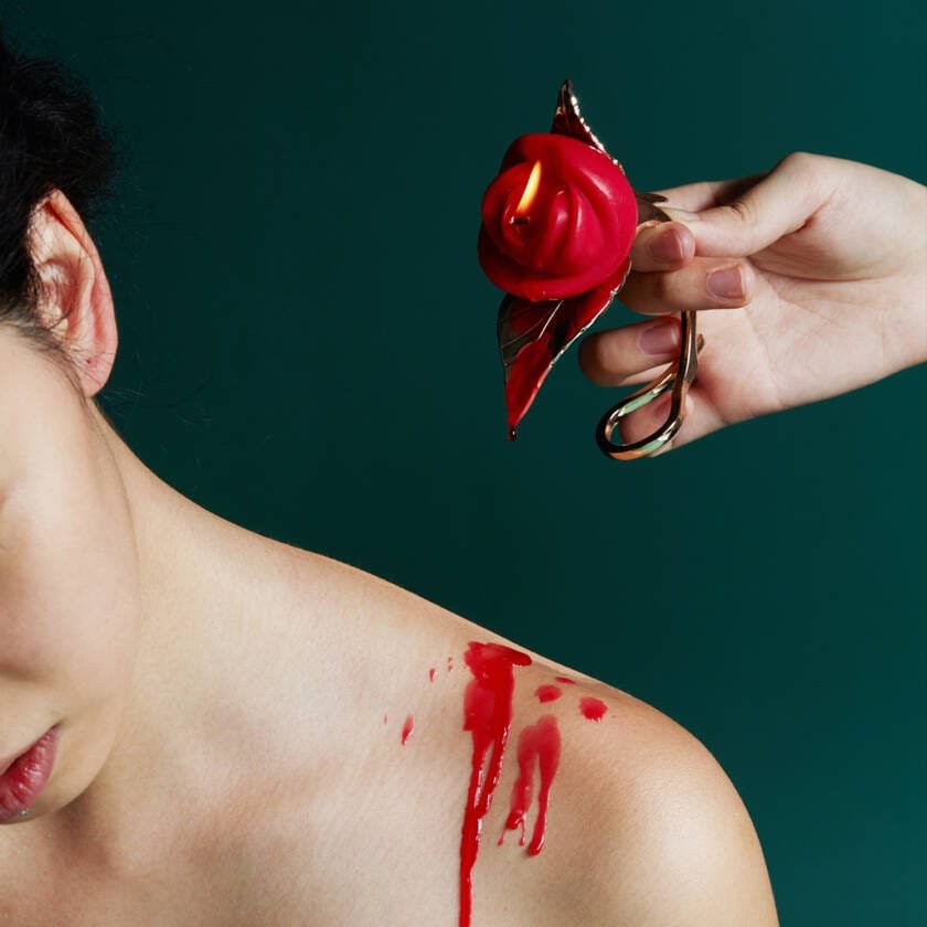 A split-image comparison showing wax drips from different heights and their effects on skin.